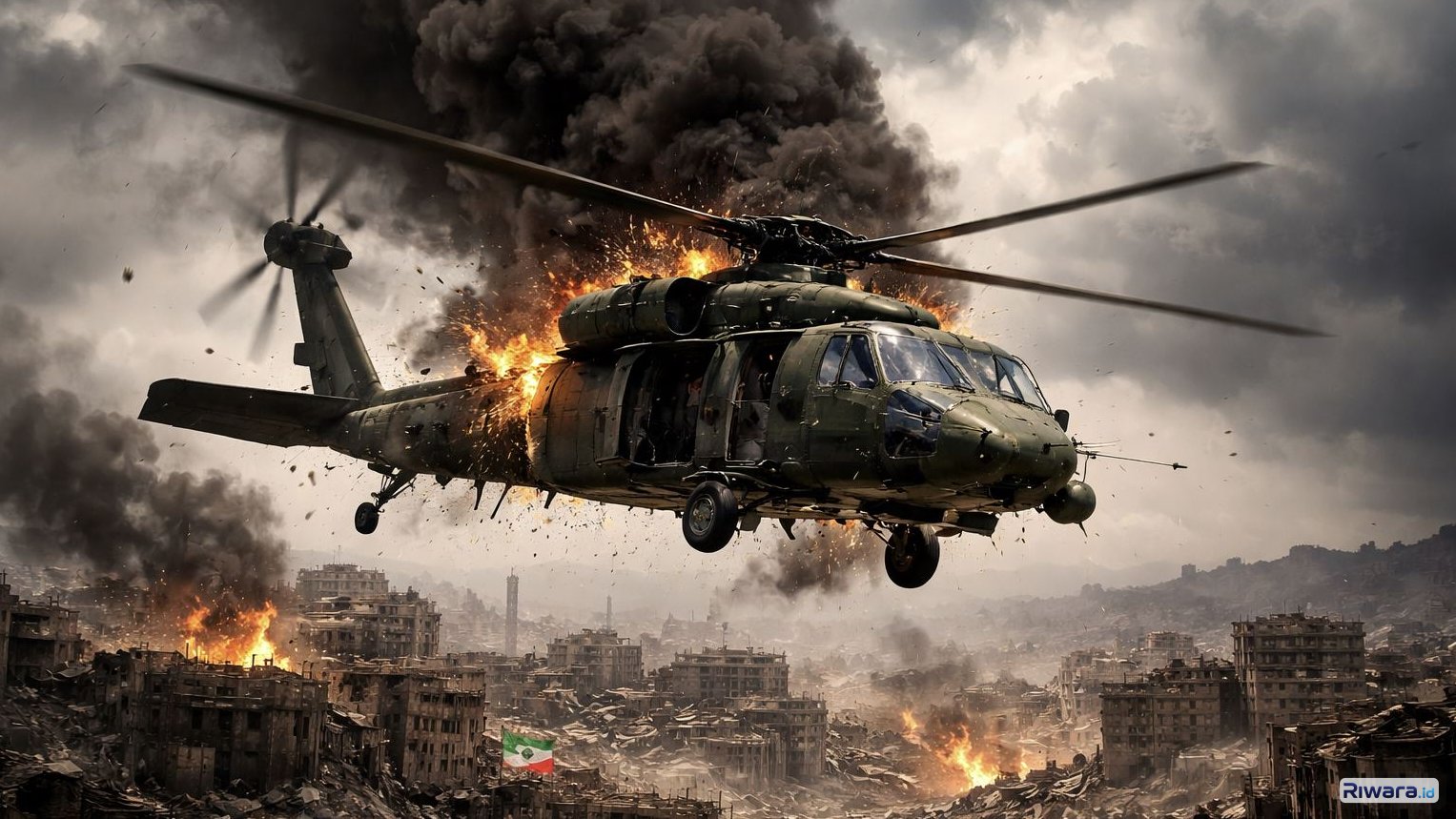 Ilustrasi helikopter Sikorsky HH-60W Jolly Green II Amerika Serikat terkena tembakan rudal saat dalam misi Combat SAR, dibuat dengan bantuan Chat GPT AI.